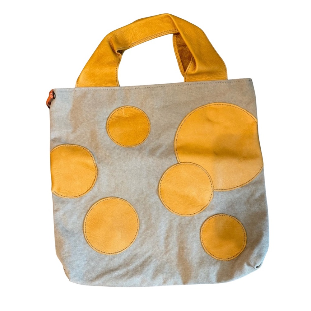 Yellow Polka Dot Leather and Canvas Tote Bag